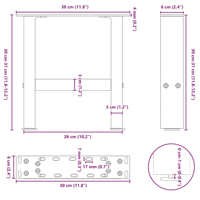 Nogi do stolika kawowego Antracyt 2 szt. 30x(30-31) cm Stal