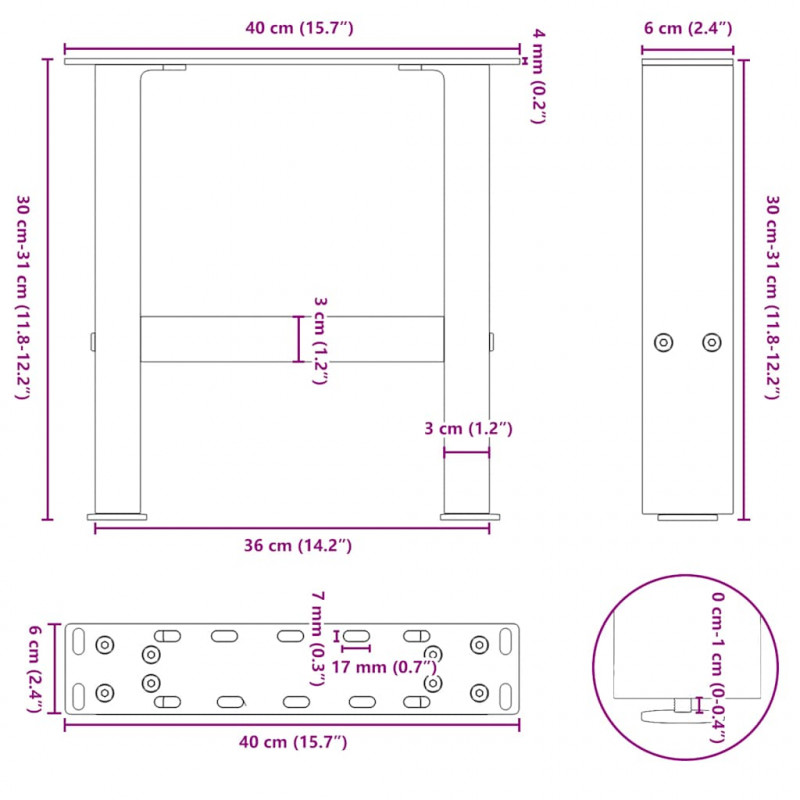 Nogi do stolika kawowego Antracyt 2 szt. 40x(30-31) cm Stal