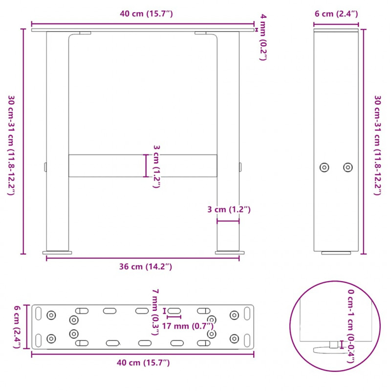 Nogi do stolika kawowego Naturalna stal 2 szt. 40x(30-31) cm Stal