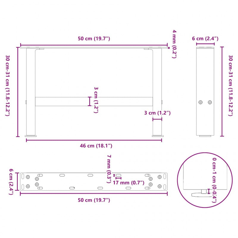 Nogi do stolika kawowego czarne 2 szt. 50x(30-31) cm stal