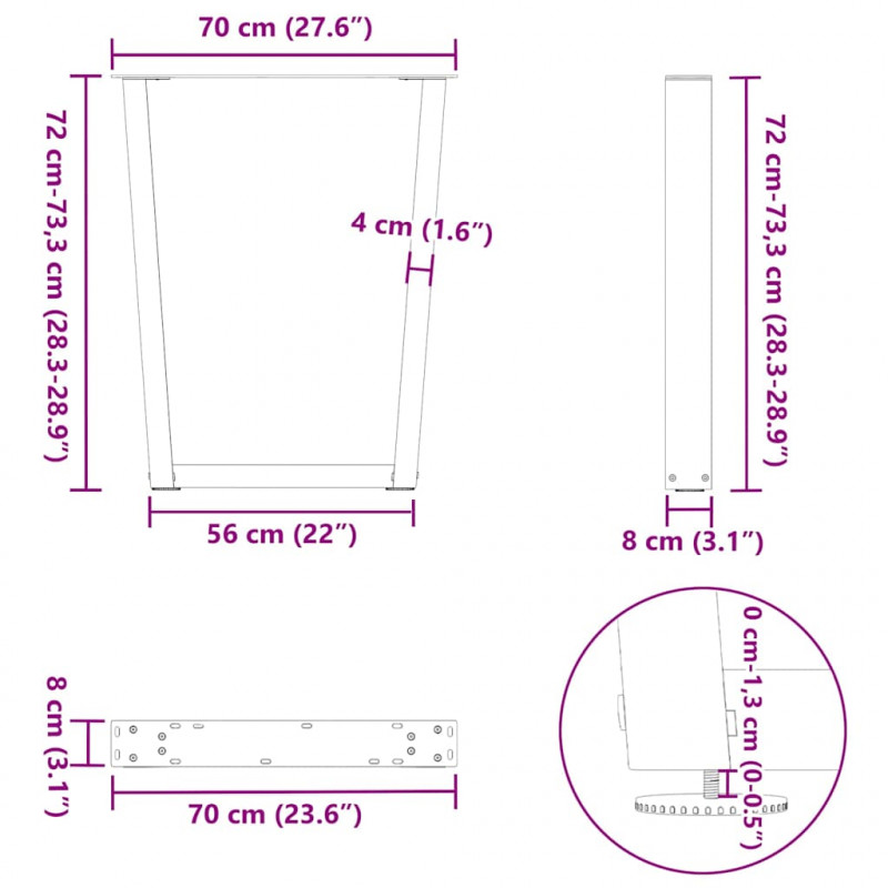 Nogi do stołu jadalnego w kształcie litery V 2 szt. Naturalna stal 70x(72-73,3) cm Stal