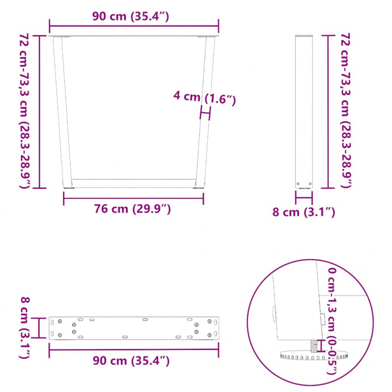 Nogi do stołu jadalnego w kształcie litery V 2 szt. Czarne 90x(72-73,3) cm Stal