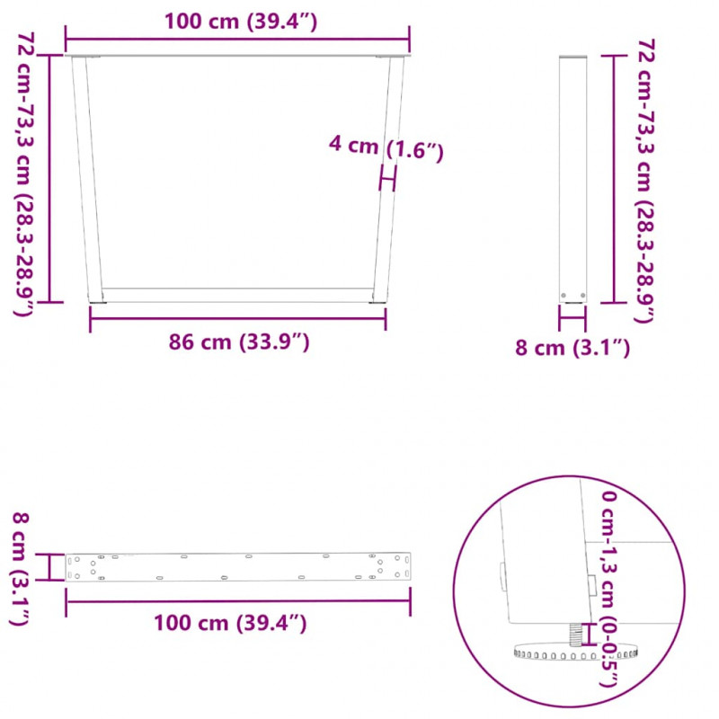 Nogi do stołu jadalnego w kształcie litery V 2 szt. Czarne 100x(72-73,3) cm Stal