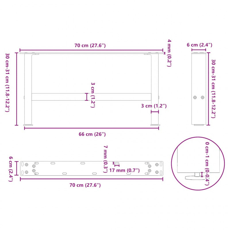 Nogi do stolika kawowego białe 2 szt. 70x(30-31) cm stal