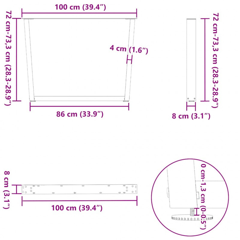Nogi do stołu jadalnego w kształcie litery V 2 szt. Naturalna stal 100x(72-73,3) cm Stal