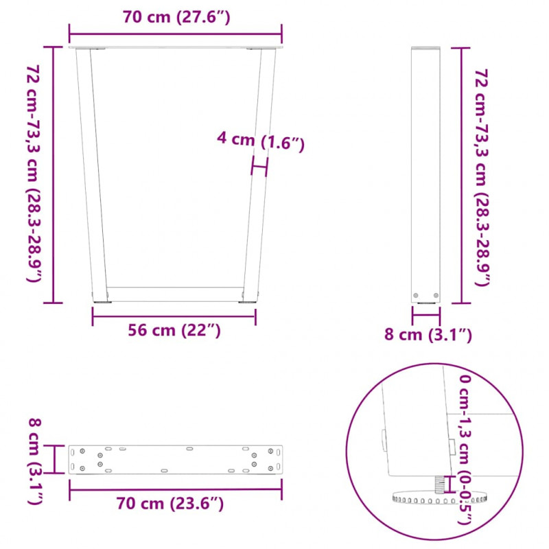 Nogi do stołu jadalnego w kształcie litery V 3 szt. Antracyt 70x(72-73,3) cm Stal