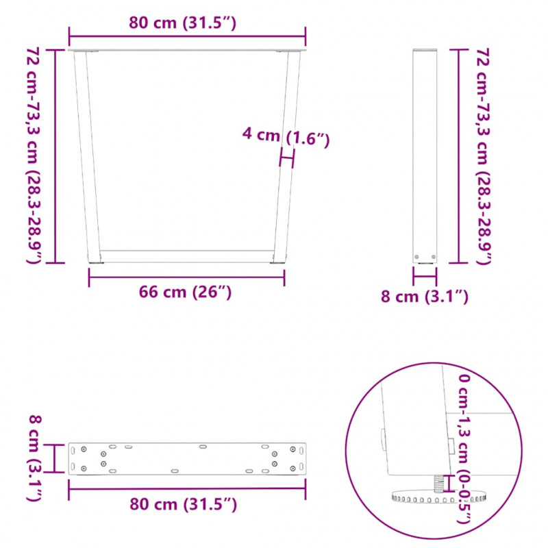 Nogi do stołu jadalnego w kształcie litery V 3 szt. Czarne 80x(72-73,3) cm Stalowe