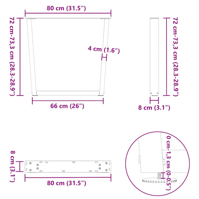 Nogi do stołu jadalnego w kształcie litery V 3 szt. Białe 80x(72-73,3) cm Stal