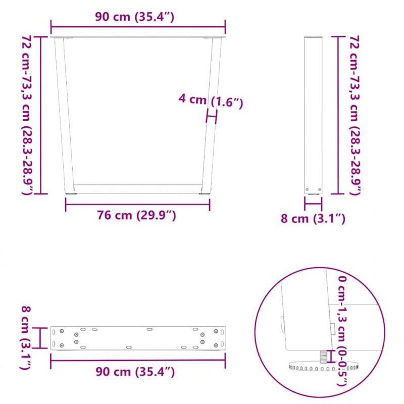 Nogi do stołu jadalnego w kształcie litery V 3 szt. Naturalna stal 90x(72-73,3) cm Stal