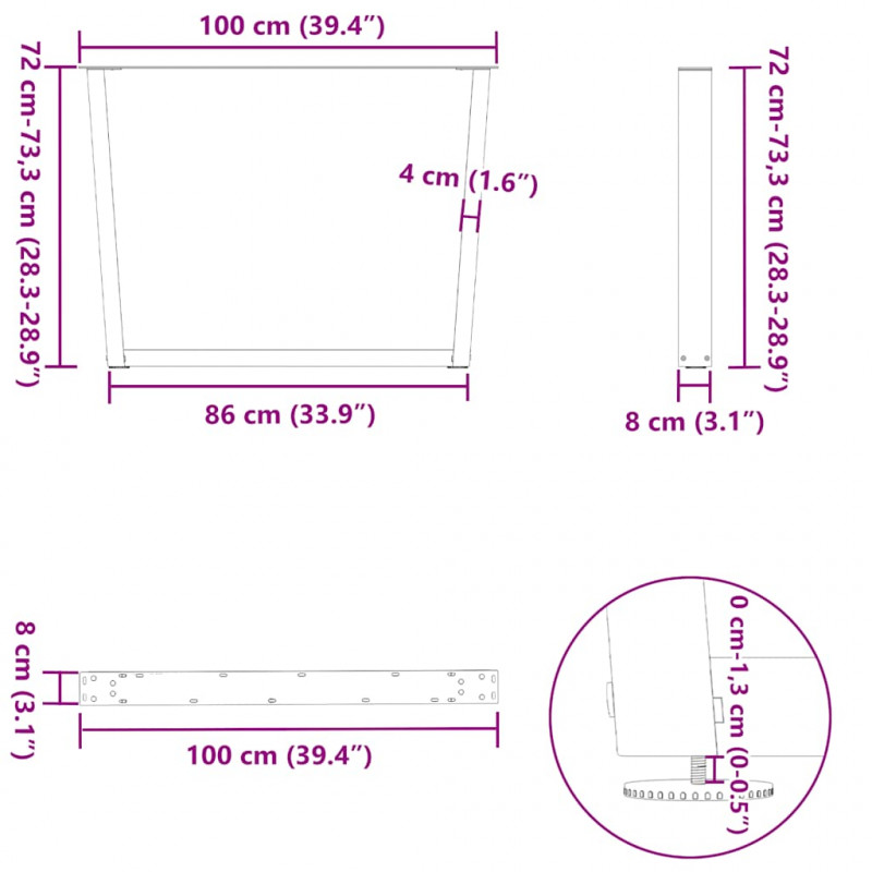Nogi do stołu jadalnego w kształcie litery V 3 szt. Naturalna stal 100x(72-73,3) cm Stal