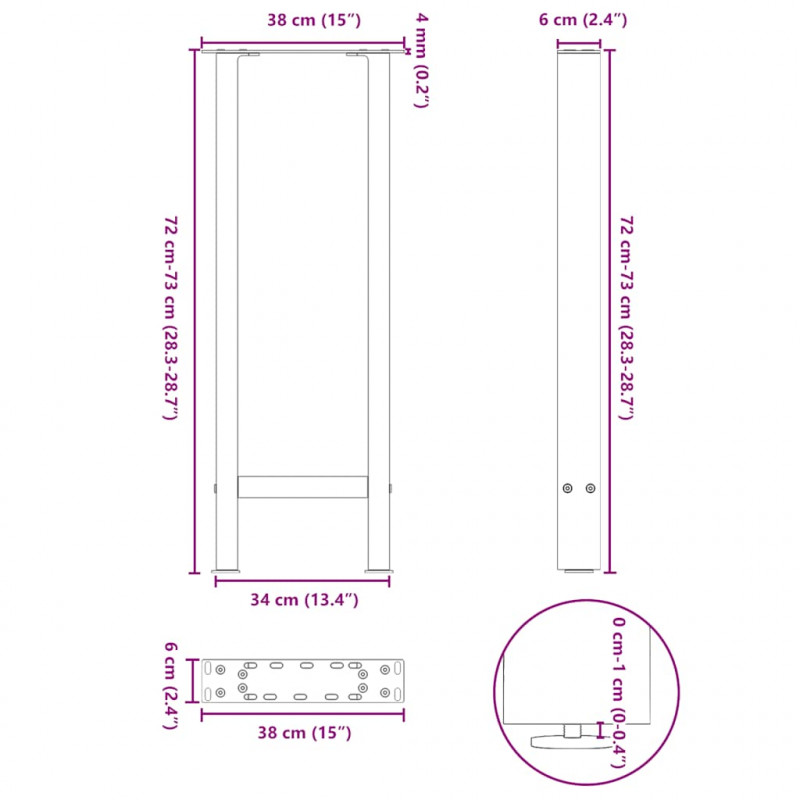 Nogi do stołu konsolowego Naturalna stal 2 szt. 38x(72-73) cm Stal