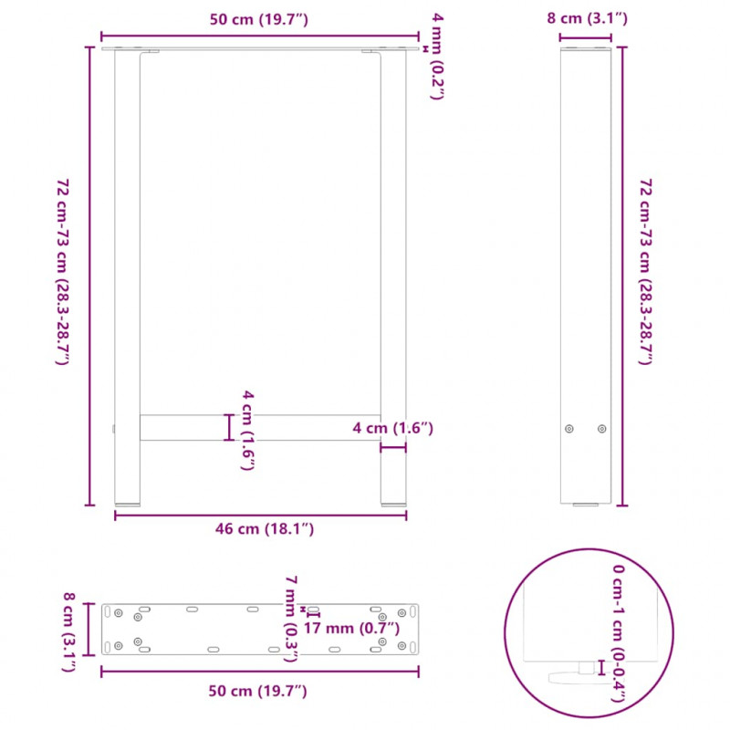Nogi do stołu jadalnego Antracyt 2 szt. 50x(72-73) cm Stal