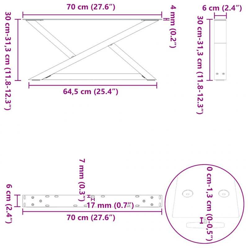Nogi do stolika kawowego 2 szt. Czarne 70x(30-31,3) cm Stal