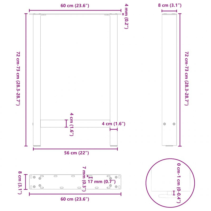 Nogi do stołu jadalnego Naturalna stal 2 szt. 60x(72-73) cm Stal