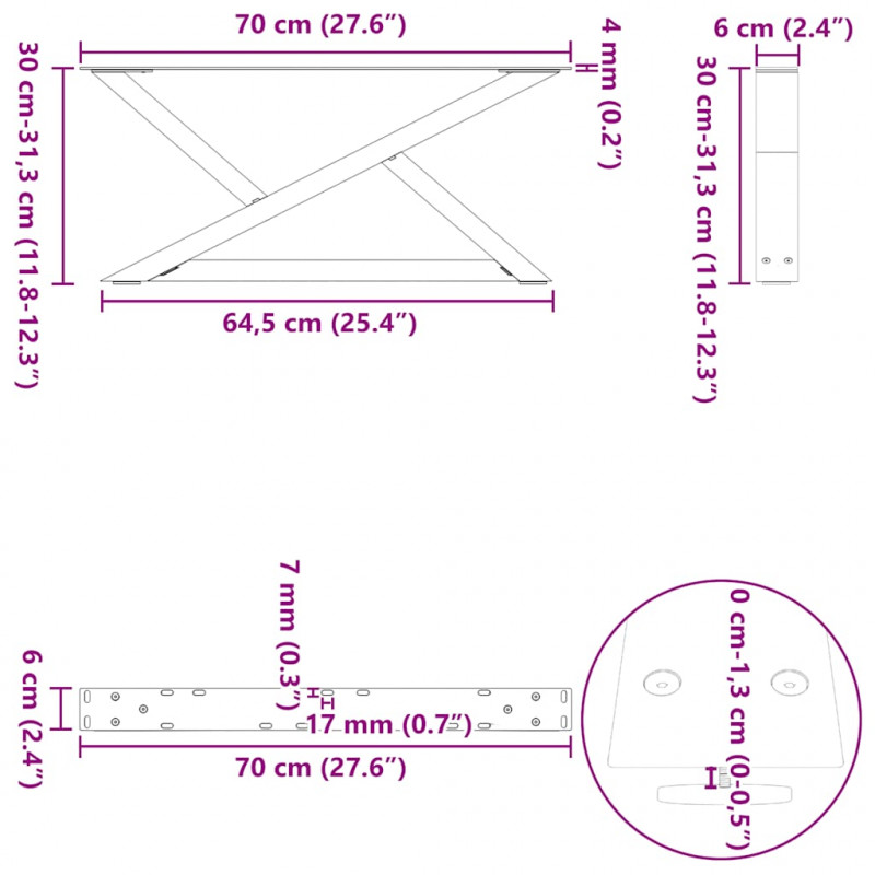 Nogi do stolika kawowego 2 szt. Naturalna stal 70x(30-31,3) cm Stal