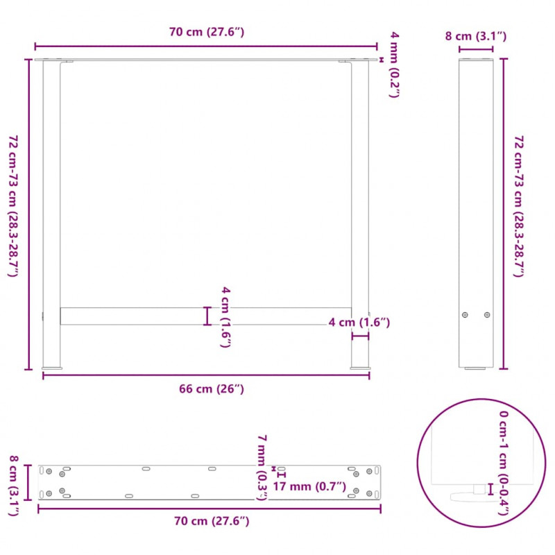 Nogi do stołu jadalnego białe 2 szt. 70x(72-73) cm stal