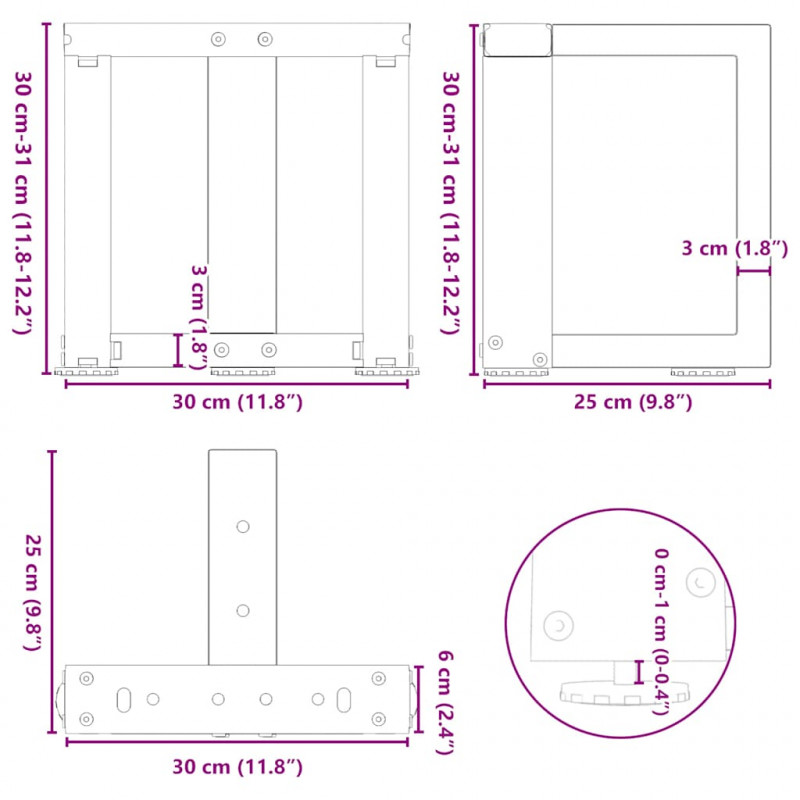 Nogi do stolika kawowego w kształcie litery T 2 szt. Czarne 30x25x(30-31) cm Stal