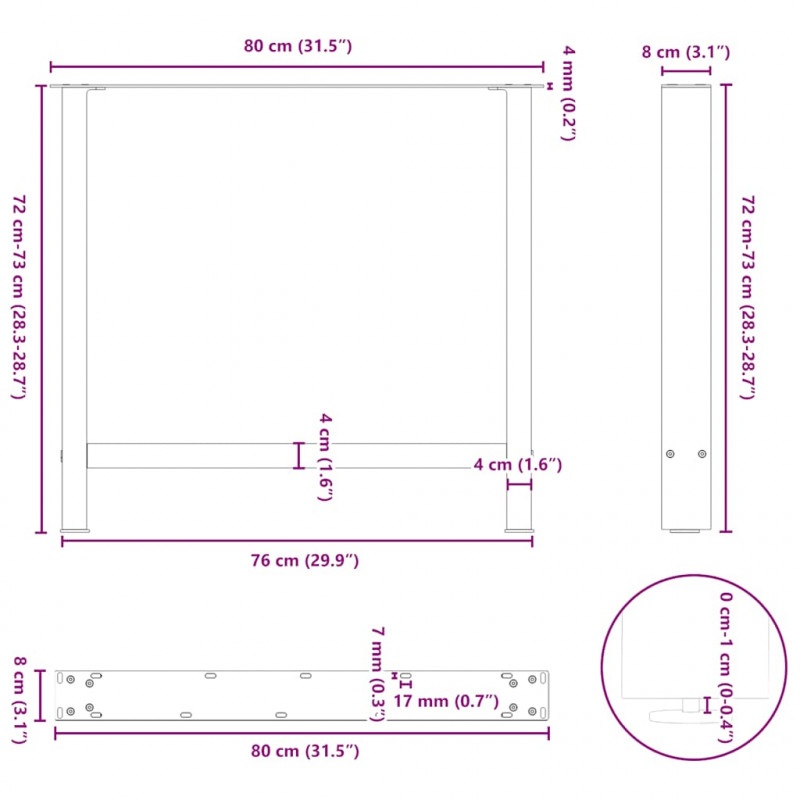 Nogi do stołu jadalnego Naturalna stal 2 szt. 80x(72-73) cm Stal