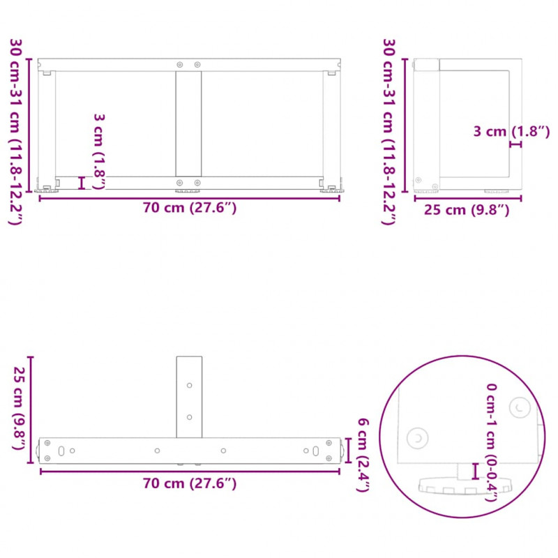 Nogi do stolika kawowego w kształcie litery T 2 szt. Białe 70x25x(30-31) cm Stal