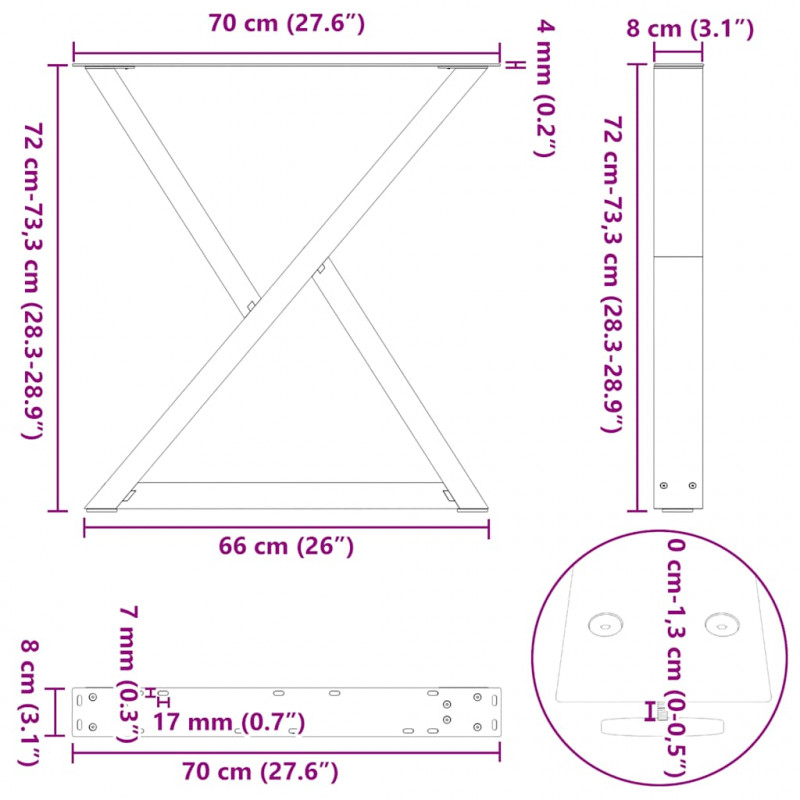 Nogi do stołu jadalnego 2 szt. Naturalna stal 70x(72-73,3) cm Stal
