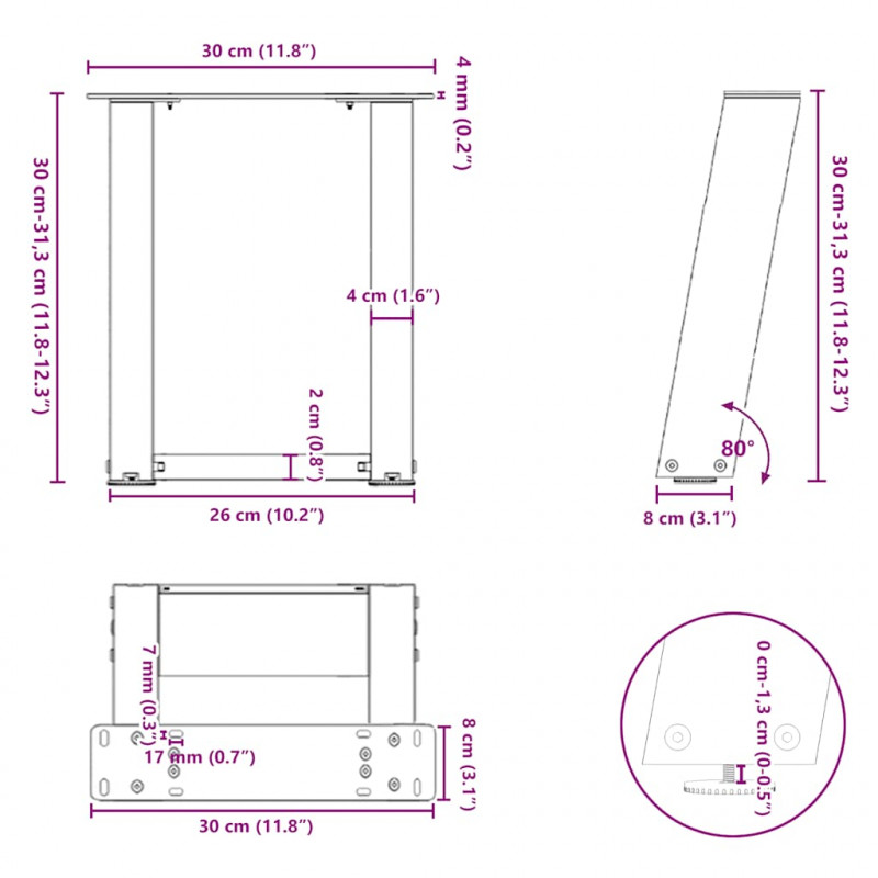 Nogi do stolika kawowego w kształcie litery U 2 szt. Białe 30x(30-31) cm Stal