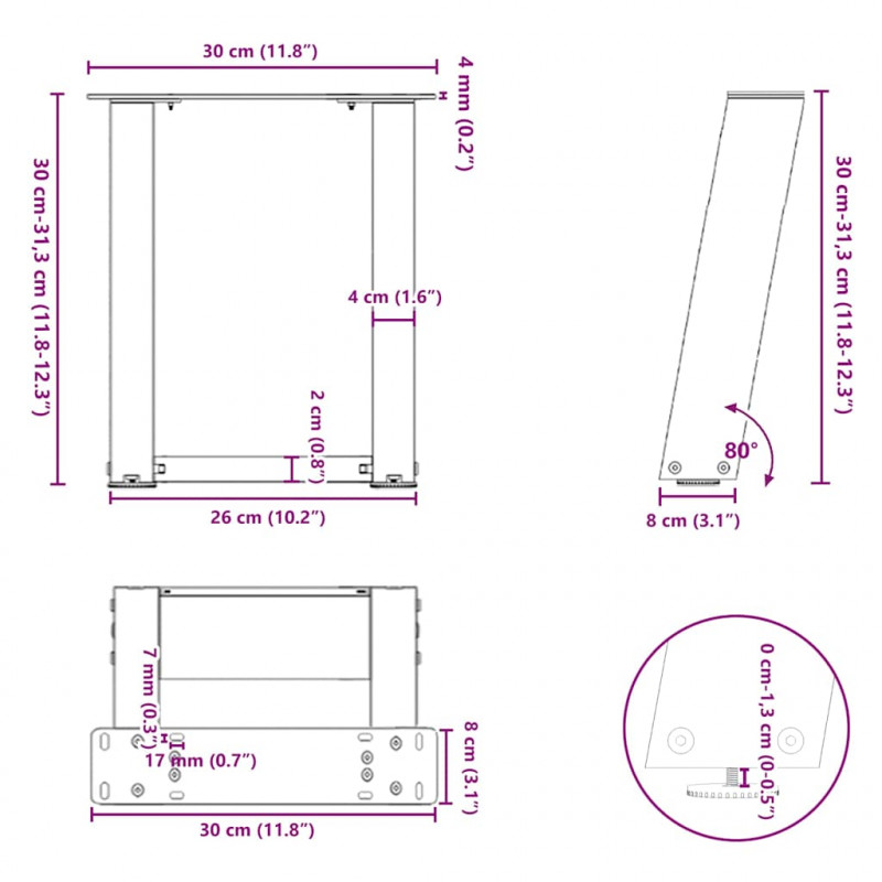 Nogi do stolika kawowego w kształcie litery U 2 szt. Antracyt 30x(30-31) cm Stal