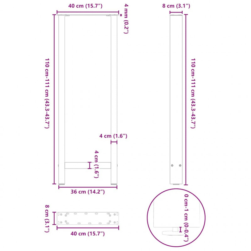 Nogi do stołu barowego białe 2 szt. 40x(110-111) cm stal