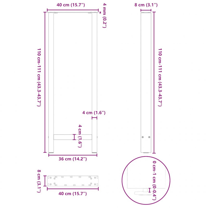 Nogi do stołu barowego Antracyt 2 szt. 40x(110-111) cm Stal