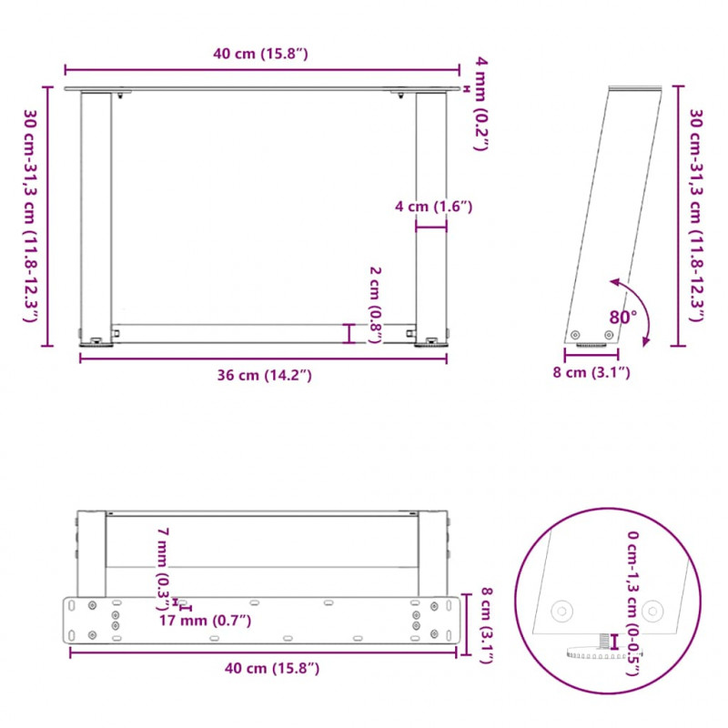 Nogi do stolika kawowego w kształcie litery U 2 szt. Białe 40x(30-31) cm Stal