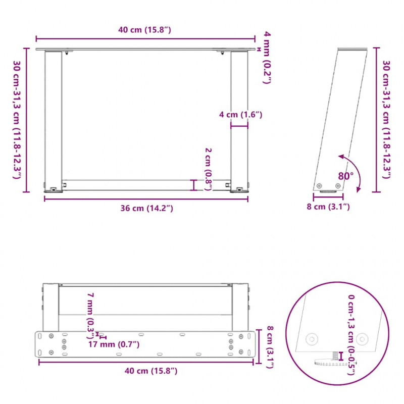 Nogi do stolika kawowego w kształcie litery U 2 szt. Antracyt 40x(30-31) cm Stal