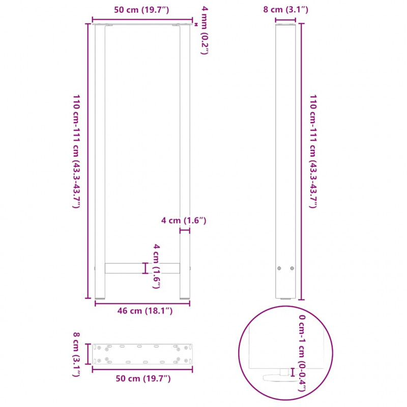 Nogi do stołu barowego czarne 2 szt. 50x(110-111) cm stal