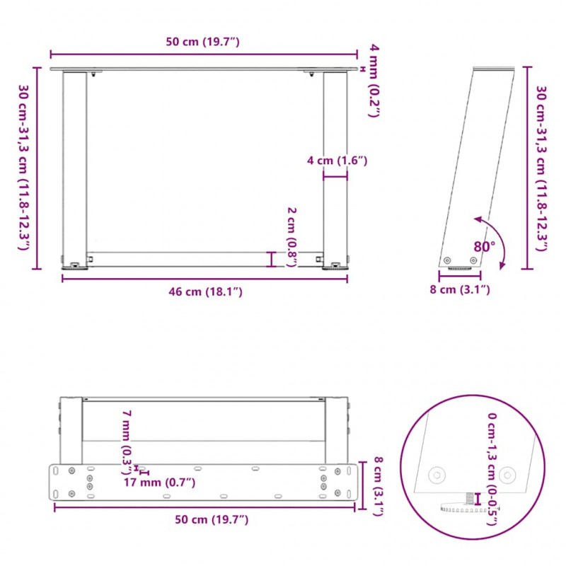 Nogi do stolika kawowego w kształcie litery U 2 szt. Białe 50x(30-31) cm Stal