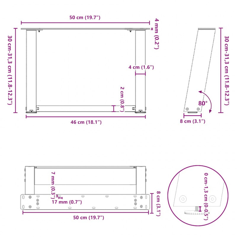 Nogi do stolika kawowego w kształcie litery U 2 szt. Antracyt 50x(30-31) cm Stal
