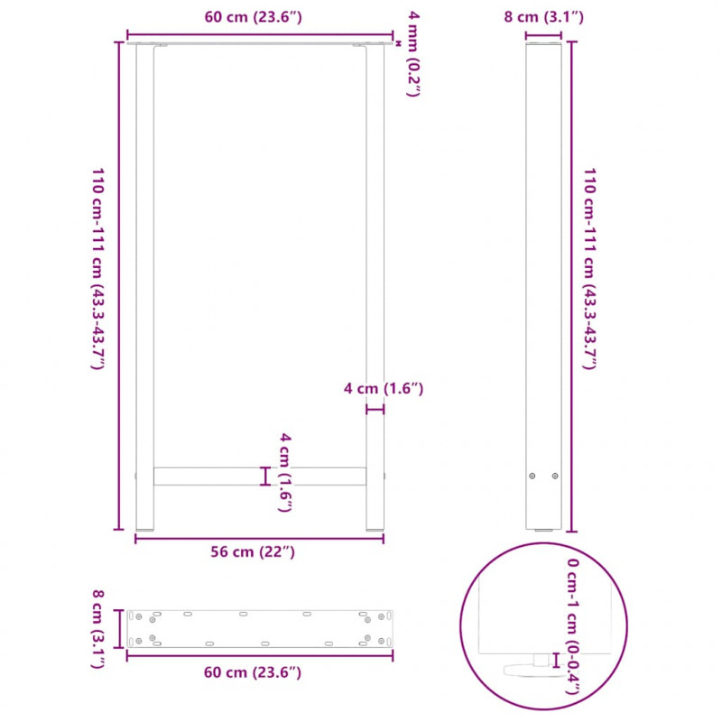 Nogi do stołu barowego białe 2 szt. 60x(110-111) cm stal