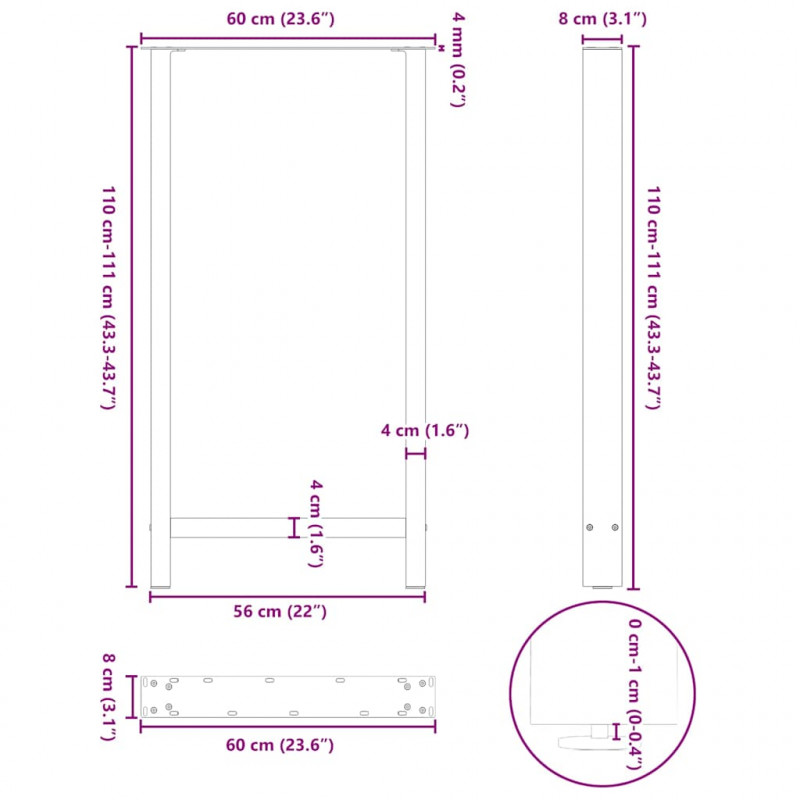 Nogi do stołu barowego Naturalna stal 2 szt. 60x(110-111) cm Stal