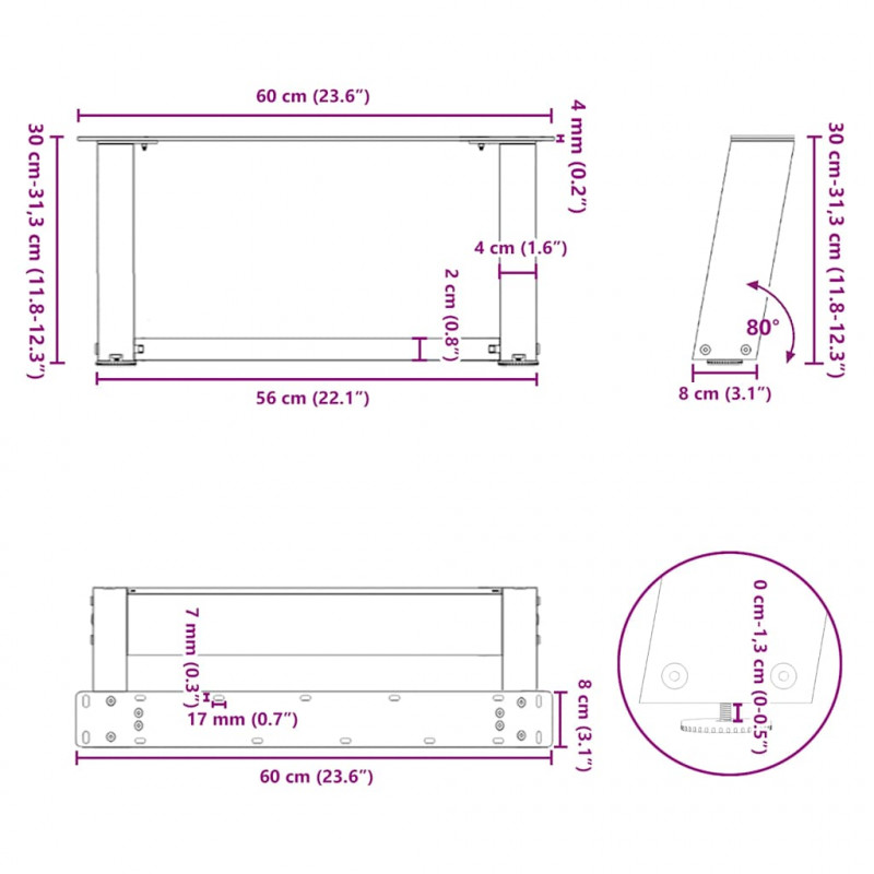 Nogi do stolika kawowego w kształcie litery U 2 szt. Naturalna stal 60x(30-31) cm Stal