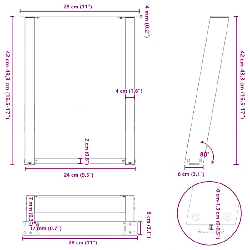 Nogi do stolika kawowego w kształcie litery U 2 szt. Antracyt 28x(42-43) cm Stal