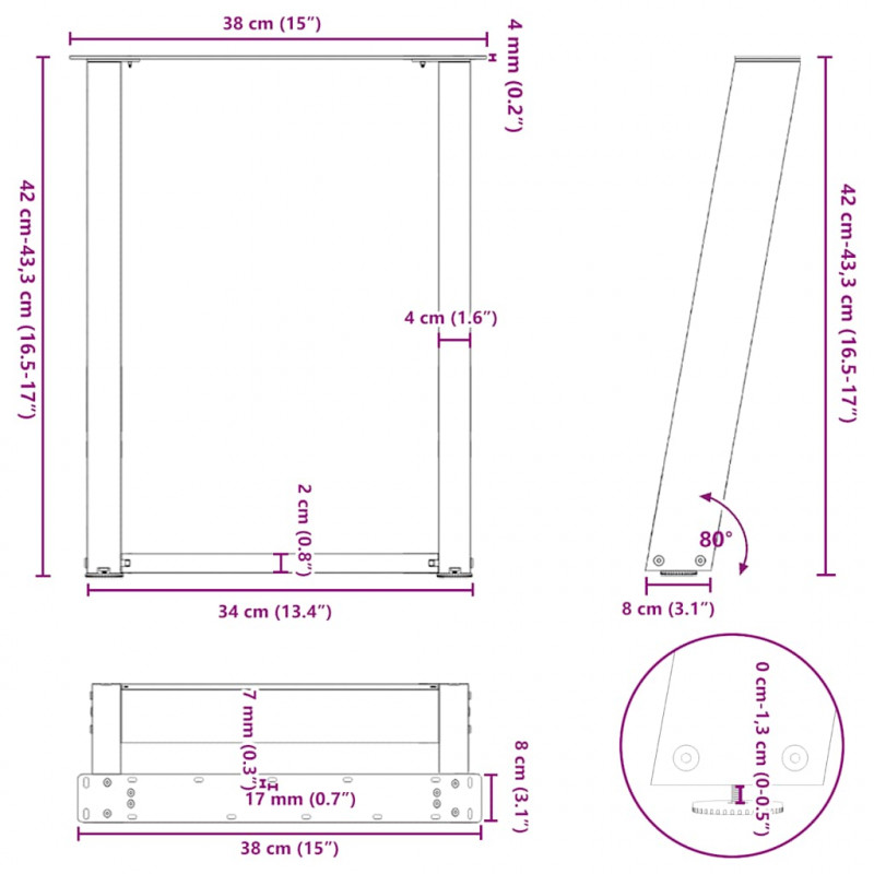 Nogi do stolika kawowego w kształcie litery U 2 szt. Naturalna stal 38x(42-43) cm Stal
