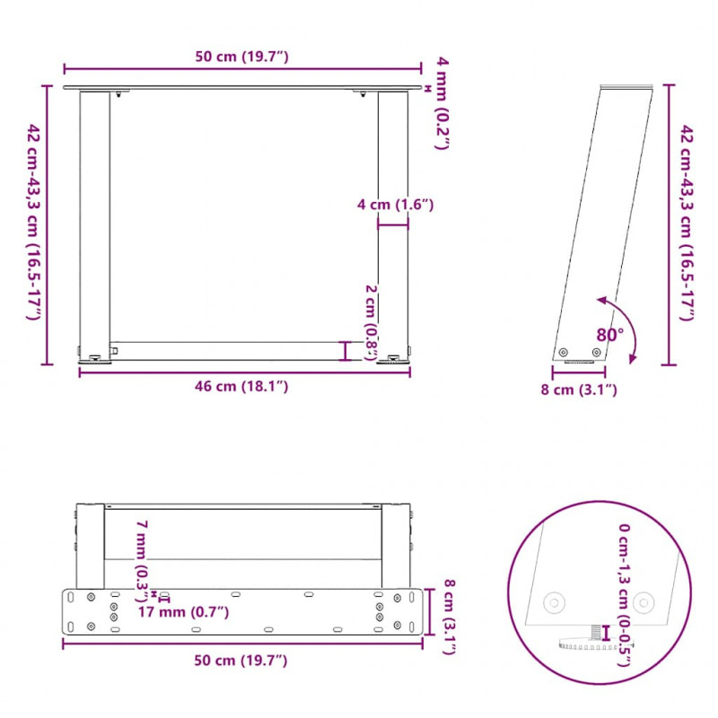 Nogi do stolika kawowego w kształcie litery U 2 szt. Naturalna stal 50x(42-43) cm Stal