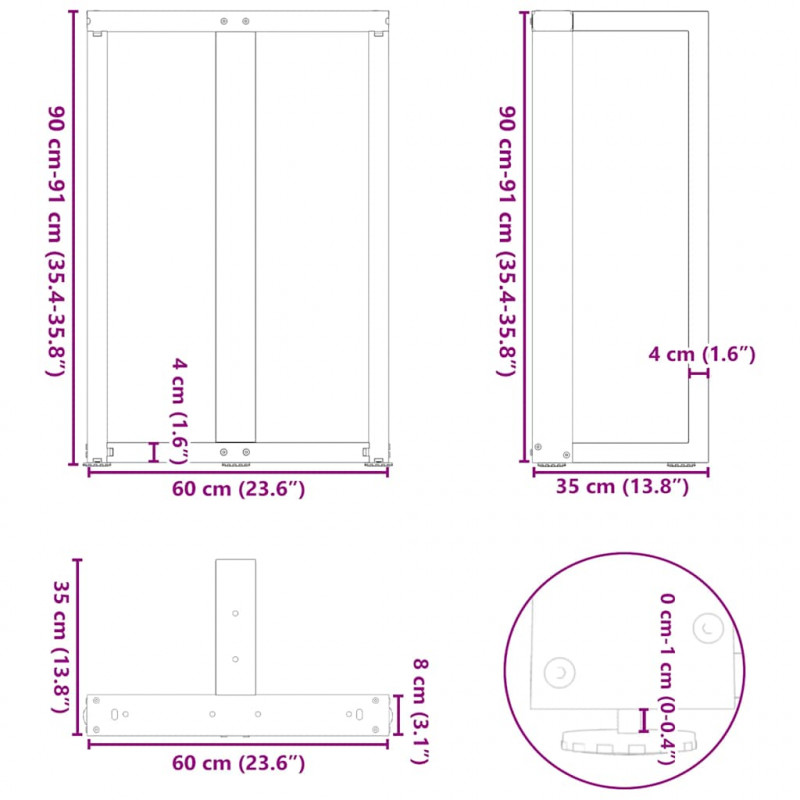Nogi do stołu barowego w kształcie litery T 2 szt. Czarne 60x35x(90-91) cm Stal