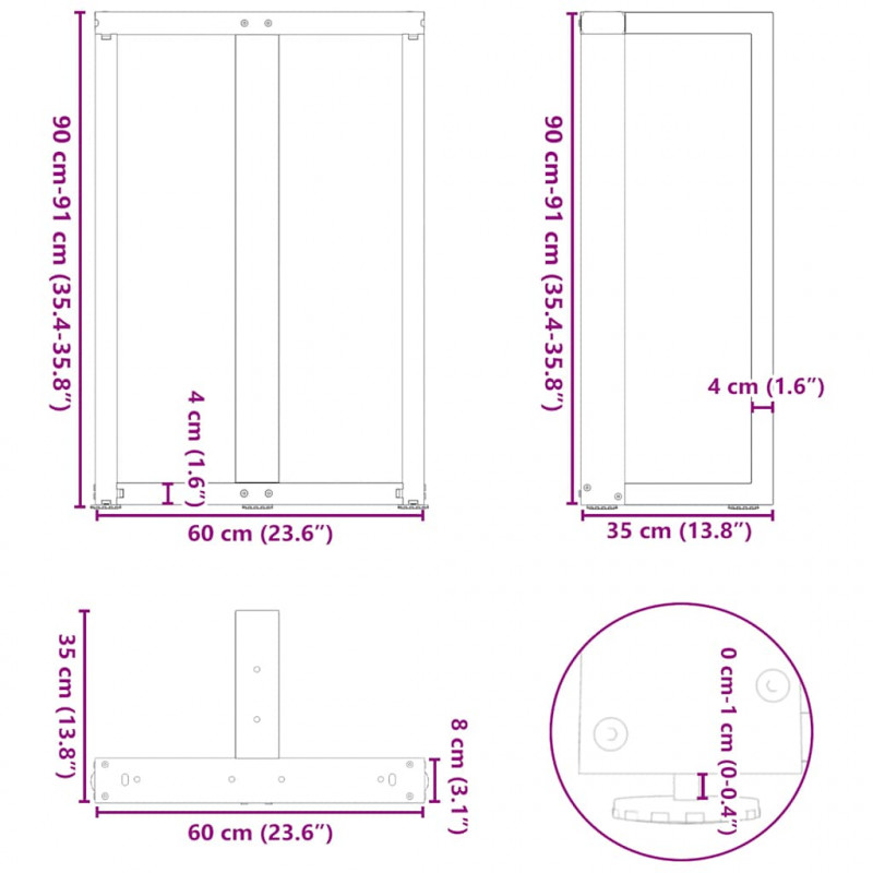 Nogi do stołu barowego w kształcie litery T 2 szt. Białe 60x35x(90-91) cm Stal