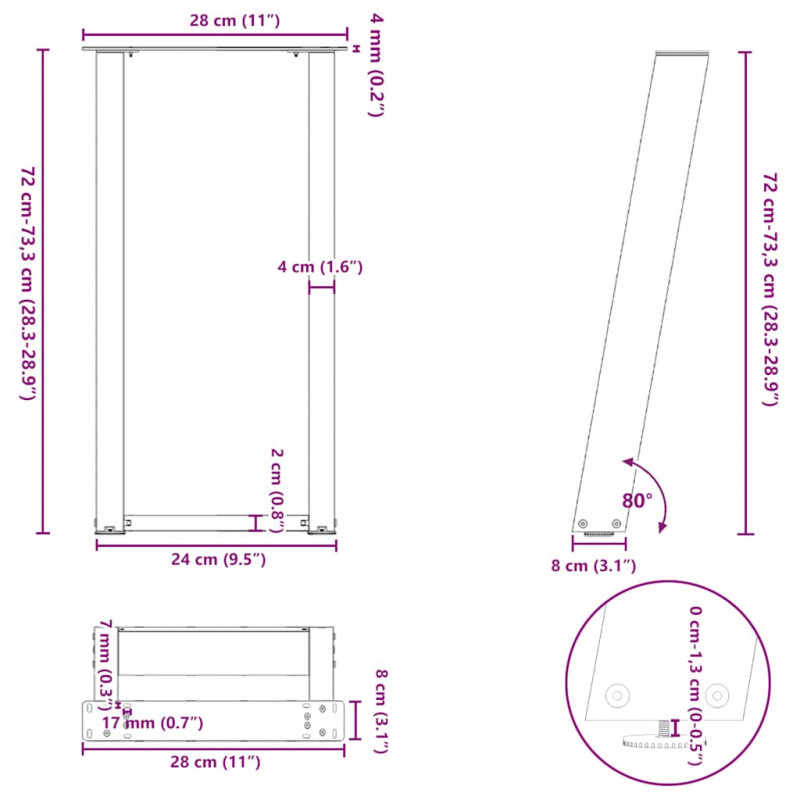 Nogi do stołu konsolowego w kształcie litery U 2 szt. Czarne 28x(72-73) cm Stal