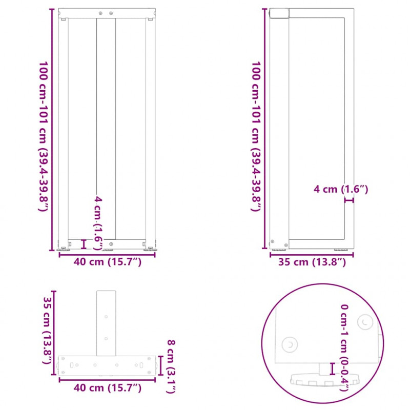 Nogi do stołu barowego w kształcie litery T 2 szt. Czarne 40x35x(100-101) cm Stal
