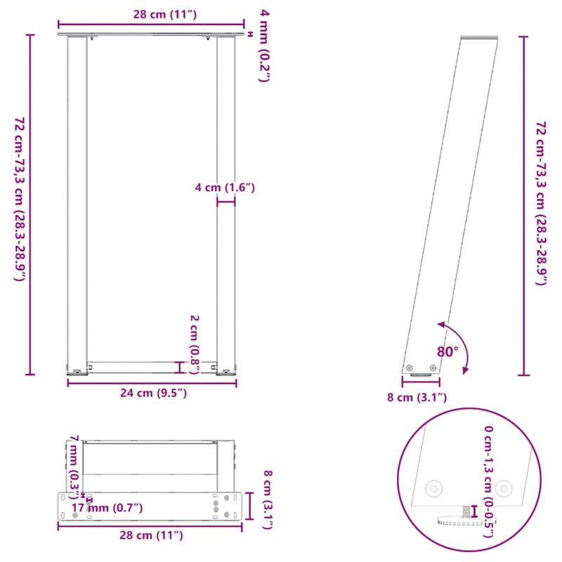 Nogi do stołu konsolowego w kształcie litery U 2 szt. Białe 28x(72-73) cm Stal