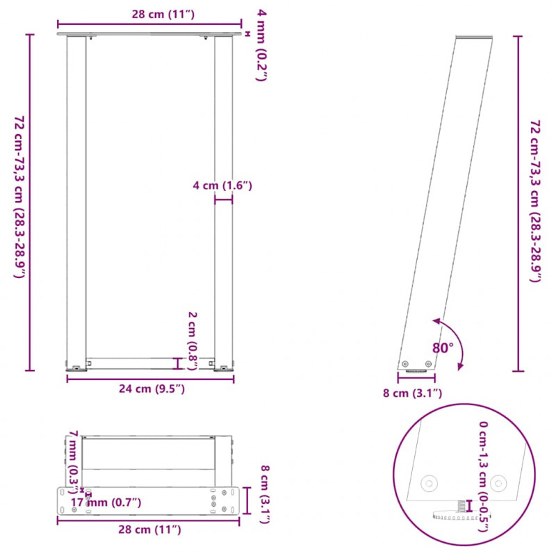 Nogi do stołu konsolowego w kształcie litery U 2 szt. Antracyt 28x(72-73) cm Stal