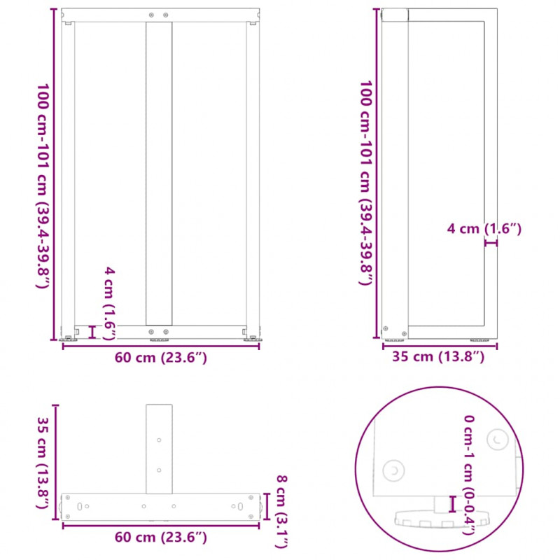 Nogi do stołu barowego w kształcie litery T 2 szt. Czarne 60x35x(100-101) cm Stal