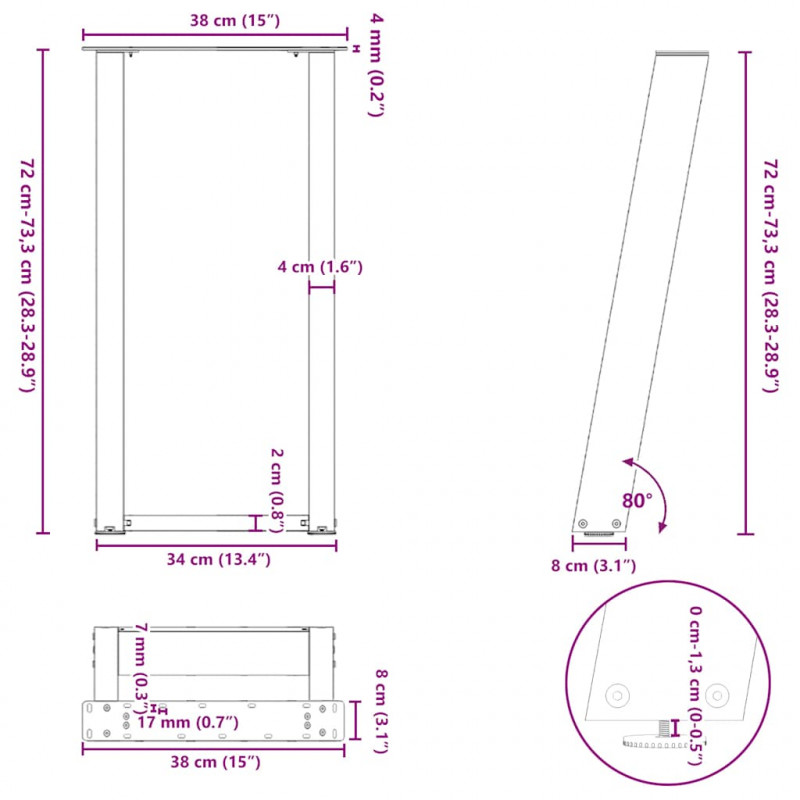 Nogi do stołu konsolowego w kształcie litery U 2 szt. Czarne 38x(72-73) cm Stal
