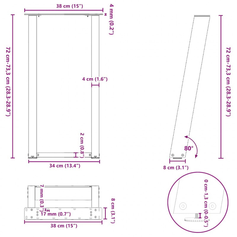 Nogi do stołu konsolowego w kształcie litery U 2 szt. Białe 38x(72-73) cm Stal