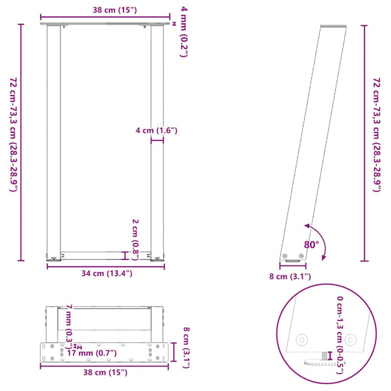 Nogi do stołu konsolowego w kształcie litery U 2 szt. Antracyt 38x(72-73) cm Stal