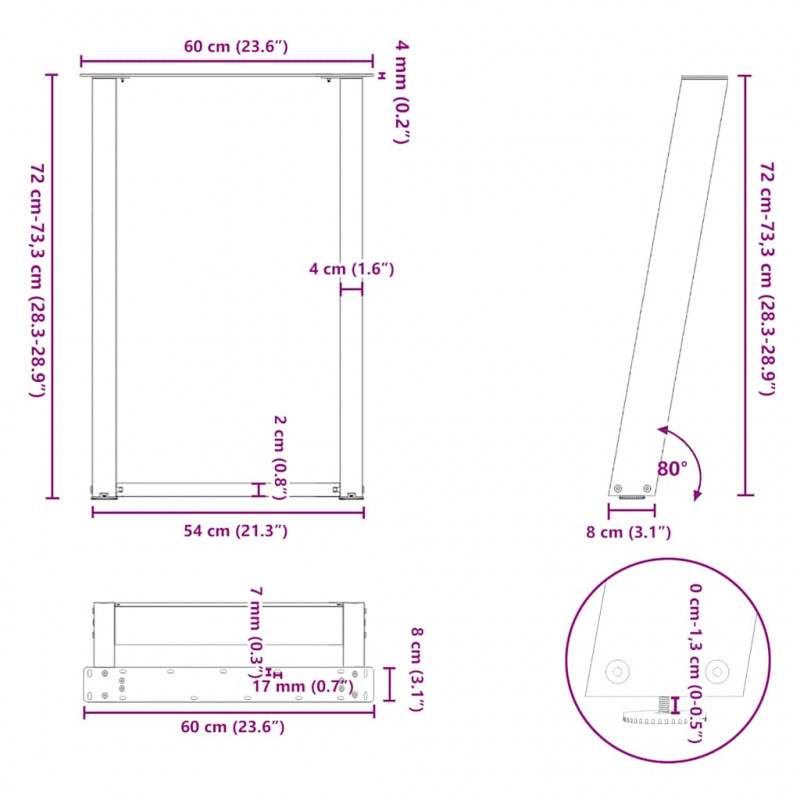 Nogi do stołu jadalnego w kształcie litery U 2 szt. Czarne 60x(72-73) cm Stal